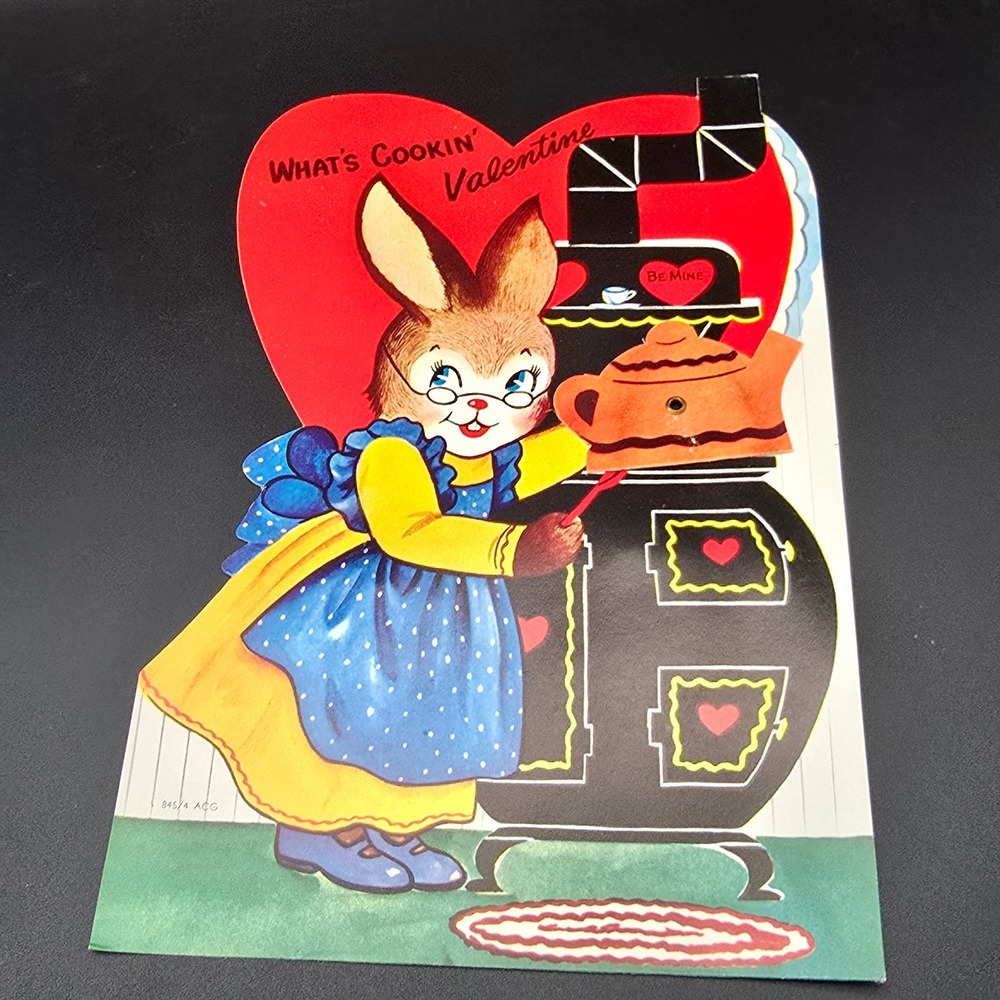 Vintage Mechanical Valentine Card Bunny Rabbit Stove Kitschy